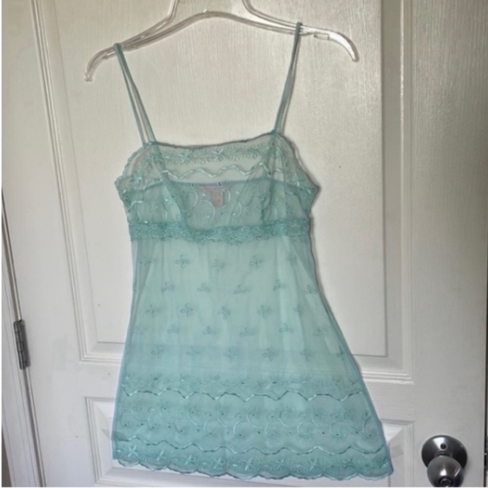 Victoria’s Secret Sheer Mini Dress Green Mint Slip Embroidery Eyelets Holiday S - Picture 6 of 17